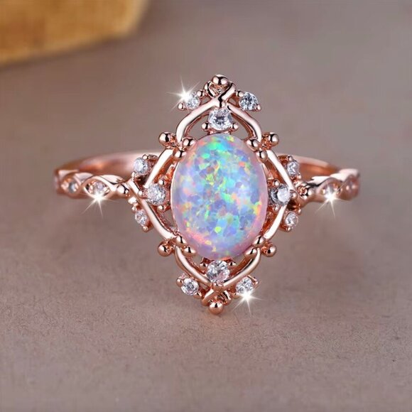 NEW 14k Rose Gold White Opal Ring Dainty Diamond Opal Ring - Picture 3 of 8